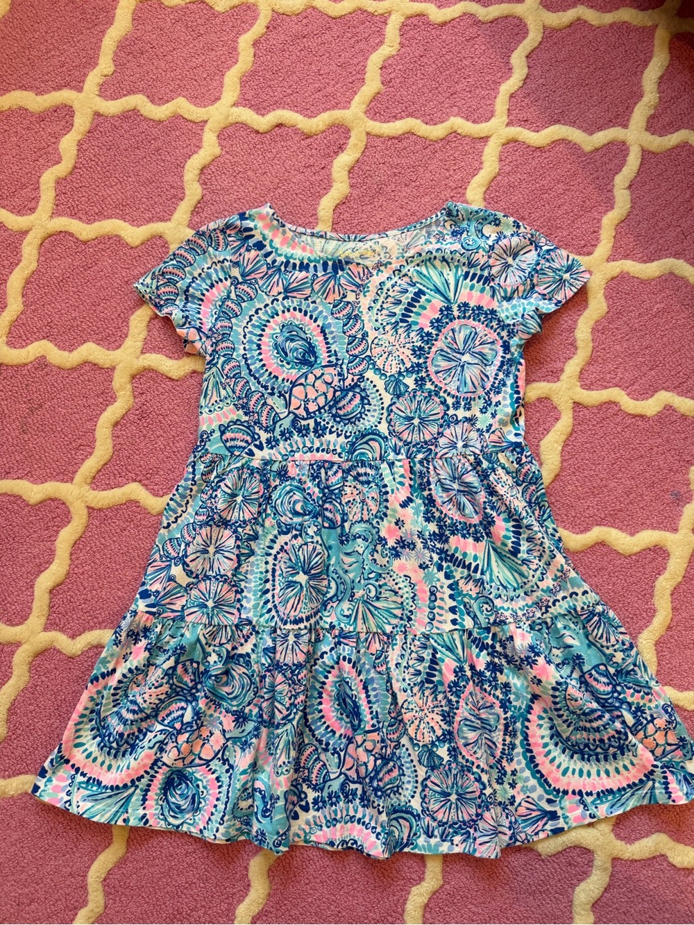 Girls' Blue & Pink Swirl Print Tiered Dress